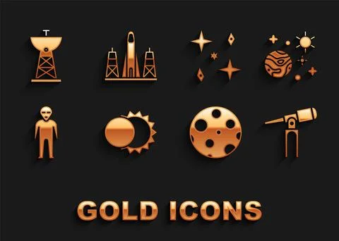 Set Eclipse of the sun, Space and planet, Telescope, Moon, Alien, Falling stars Ilustração Stock