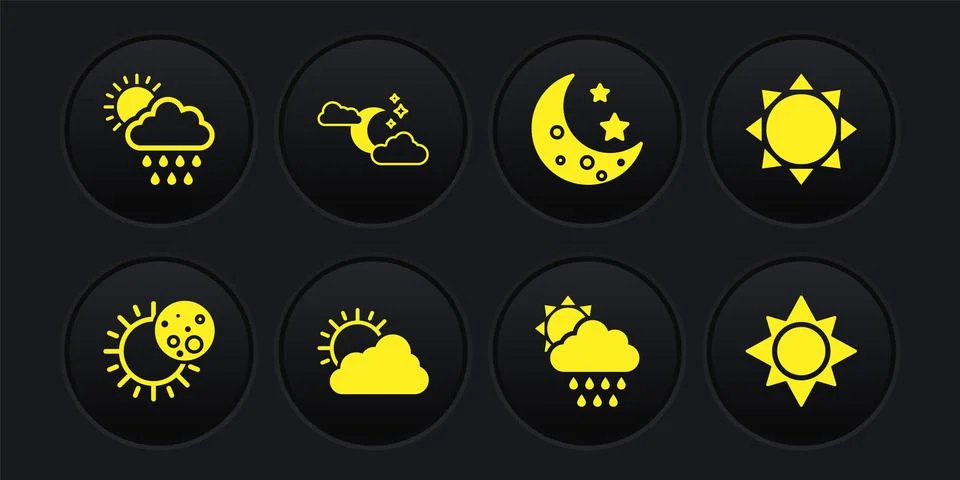 Set Eclipse of the sun, Sun, and cloud weather, Cloud with rain, Moon stars Ilustração Stock