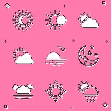 Set Eclipse of the sun, Sun and cloud weather, Sunset, Moon stars, Cloud and Stock Illustration