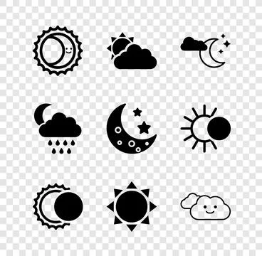 Set Eclipse of the sun, Sun and cloud weather, Cloud with moon stars, rain .. Ilustração Stock