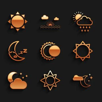 Set Eclipse of the sun, Sun, Cloud with moon and stars, Moon icon, rain and icon Ilustração Stock