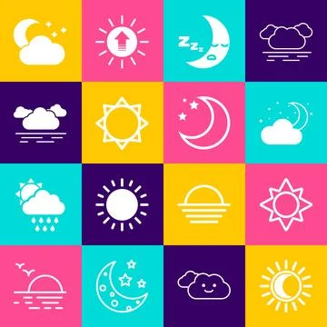 Set Eclipse of the sun, Sun, Cloud with moon and stars, Moon icon,  and  ic.. Ilustração Stock