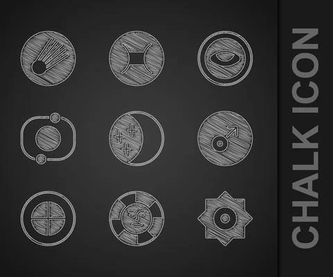 Set Eclipse of the sun, Sun, Falling star, Mars symbol, Earth globe, Solar Illustrazione stock