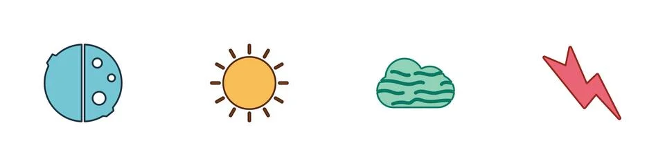 Set Eclipse of the sun, Sun, Fog and cloud and Lightning bolt icon. Vector Illustrazione stock