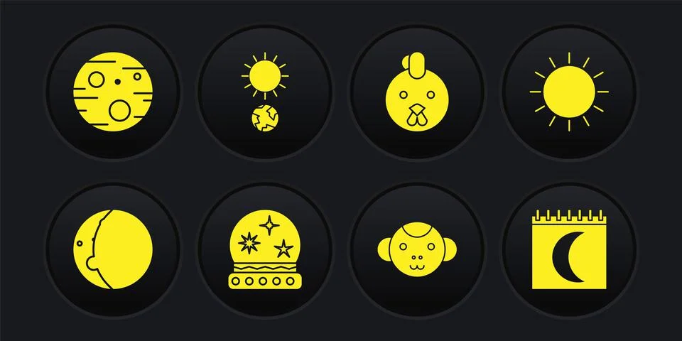 Set Eclipse of the sun, Sun, Magic ball, Monkey zodiac, Rooster, Solstice, Moon Ilustração Stock