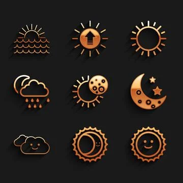 Set Eclipse of the sun, Sun, Moon and stars, Cloud, with rain moon,  and Su.. Ilustração Stock