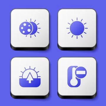 Set Eclipse of the sun, Sun, Sunrise and Thermometer icon. White square button Stock Illustration