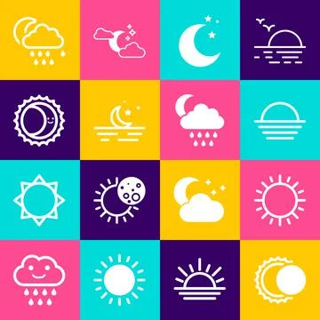 Set Eclipse of the sun, Sun, Sunset, Moon and stars, Cloud with rain moon and Ilustração Stock