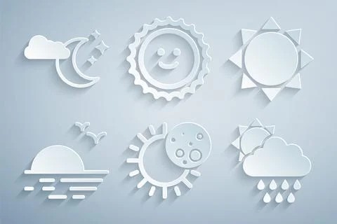 Set Eclipse of the sun, Sun, Sunset, Cloud with rain and, and moon stars icon Ilustração Stock