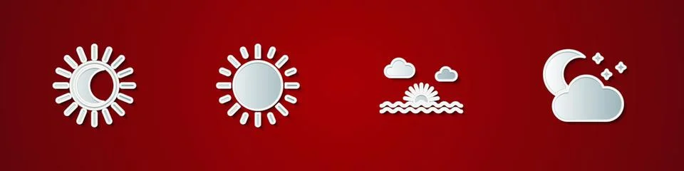 Set Eclipse of the sun, Sun, Sunset and Cloud with moon and stars icon. Vector Ilustração Stock