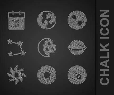 Set Eclipse of the sun, Sun, Venus symbol, Planet Saturn, Star constellation Stock Illustration