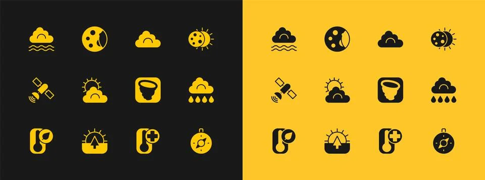 Set Eclipse of the sun, Sunrise, Tornado, Thermometer, and cloud weather, C.. Illustrazione stock