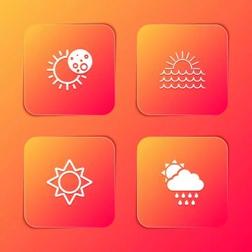 Set Eclipse of the sun, Sunset,  and Cloud with rain and icon. Vector Ilustração Stock