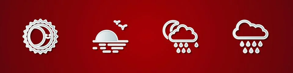 Set Eclipse of the sun, Sunset, Cloud with rain and moon and icon. Vector Illustrazione stock