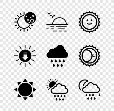 Set Eclipse of the sun, Sunset, Cloud with rain and, moon,  and  icon. Vector イラスト素材