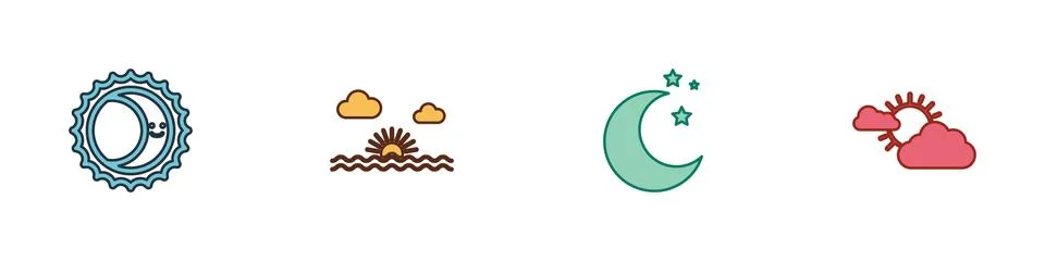 Set Eclipse of the sun, Sunset, Moon and stars and cloud weather icon. Vector Ilustração Stock