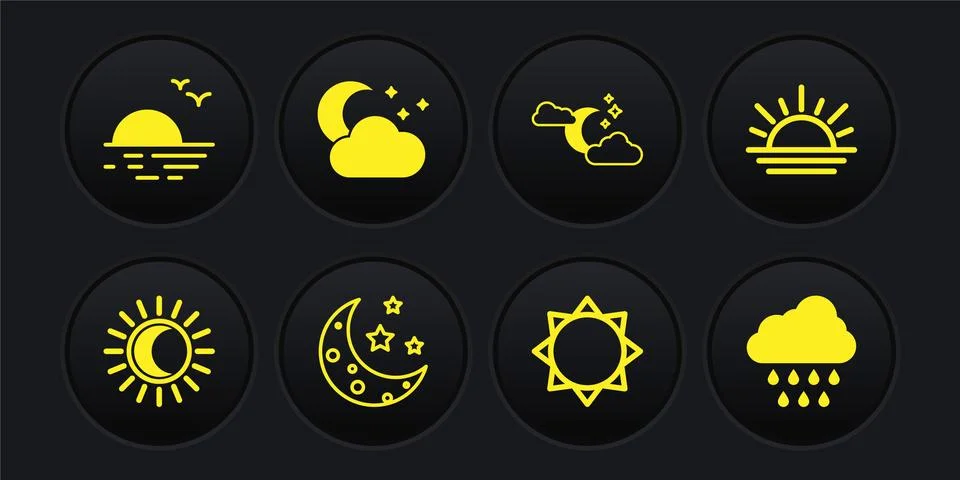 Set Eclipse of the sun, Sunset, Moon and stars, Cloud with moon, rain and icon Ilustração Stock