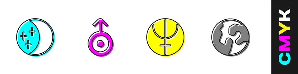 Set Eclipse of the sun, Symbol Uranus, Neptune planet and Earth globe icon Stock Illustration