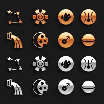 Set Eclipse of the sun, Symbol Uranus, Planet Saturn, Mars symbol, Aquarius.. Stock Illustration