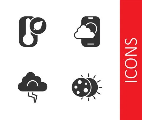 Set Eclipse of the sun, Thermometer, Cloud and lightning and Weather forecast 스톡 일러스트