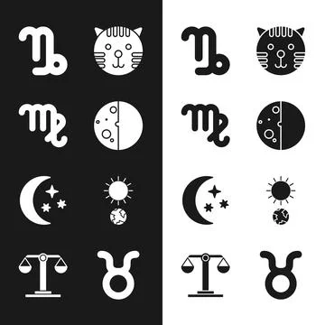 Set Eclipse of the sun, Virgo zodiac, Capricorn, Tiger, Moon and stars, Solstice 스톡 일러스트