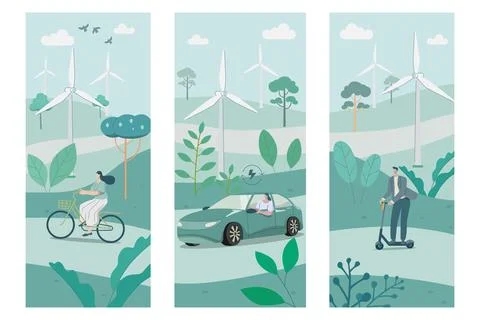 Set of Eco friendly alternative ecological transportation in wind farms tha.. Stock Illustration