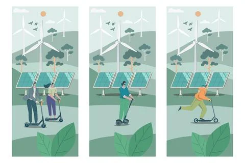 Set of Eco friendly alternative ecological transportation in wind farms tha.. Stock Illustration