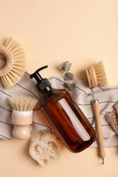 Set of eco-friendly cleaning tools for sustainable lifestyle. Dispenser bottl Stock Photos