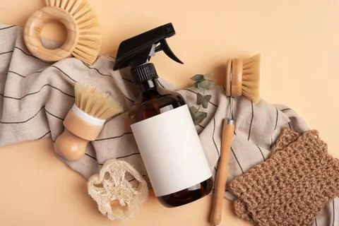 Set of eco-friendly cleaning tools for sustainable lifestyle. Dispenser bottl Stock Photos