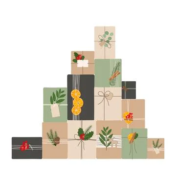 Set of eco-friendly gift boxes laid out in the shape of a Christmas tree. Gre Stock Illustration