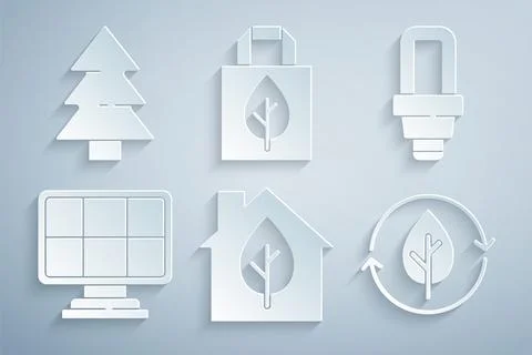 Set Eco friendly house, LED light bulb, Solar energy panel, Recycle and lea.. Ilustración de archivo