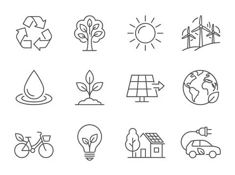 Set of eco-friendly icons representing sustainability, renewable energy, an.. Stock Illustration