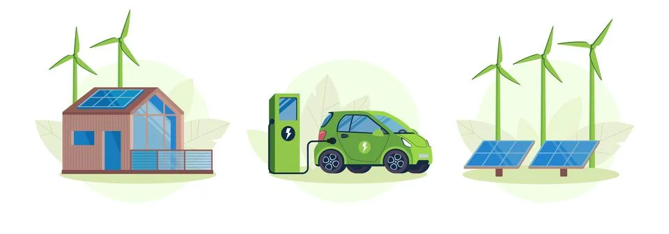 Set of eco friendly illustrations.A modern green house, an ecological car is Stock Illustration