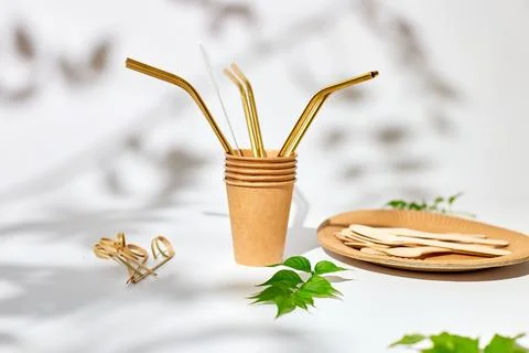 Set of eco friendly tableware, reusable, utensils stainless steel straws Stock Photos