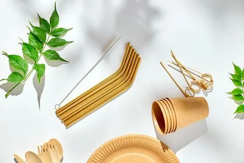 Set of eco friendly tableware, reusable, utensils stainless steel straws Stock Photos