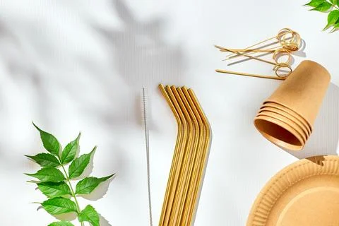 Set of eco friendly tableware, reusable, utensils stainless steel straws Stock Photos