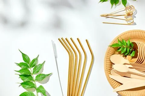 Set of eco friendly tableware, reusable, utensils stainless steel straws Stock Photos