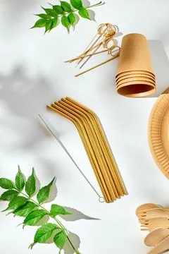 Set of eco friendly tableware, reusable, utensils stainless steel straws Stock Photos