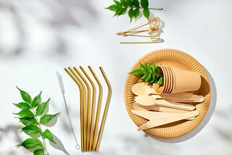 Set of eco friendly tableware, reusable, utensils stainless steel straws Stock Photos