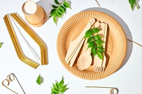 Set of eco friendly tableware, reusable, utensils stainless steel straws Foto stock