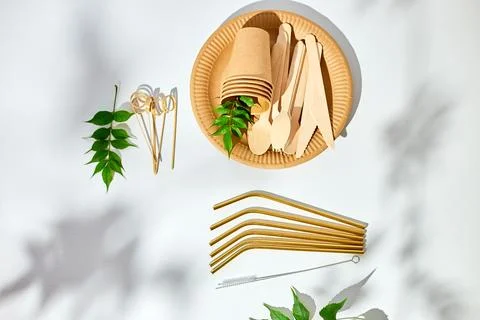 Set of eco friendly tableware, reusable, utensils stainless steel straws Stock Photos