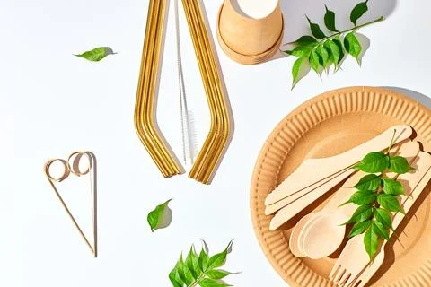 Set of eco friendly tableware, reusable, utensils stainless steel straws Stock Photos