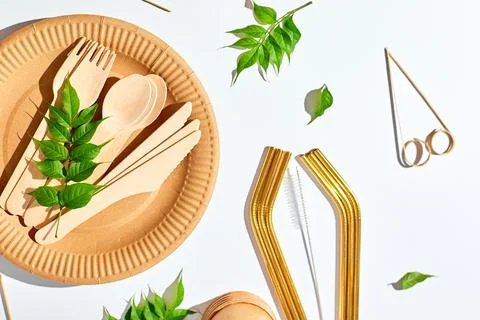 Set of eco friendly tableware, reusable, utensils stainless steel straws Stock Photos