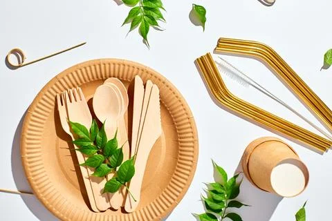 Set of eco friendly tableware, reusable, utensils stainless steel straws Stock Photos