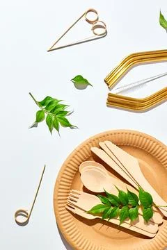 Set of eco friendly tableware, reusable, utensils stainless steel straws Stock Photos