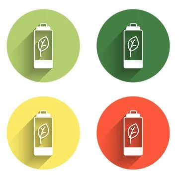 Set Eco nature leaf and battery icon isolated with long shadow background. .. Stock Illustration
