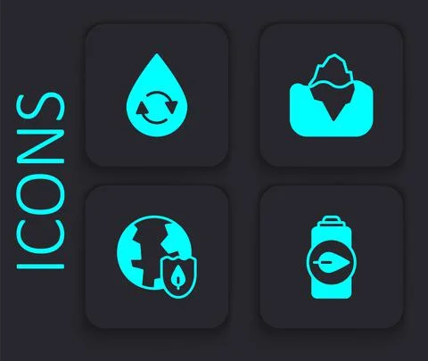 Set Eco nature leaf battery, Recycle clean aqua, Iceberg and Earth with shield イラスト素材