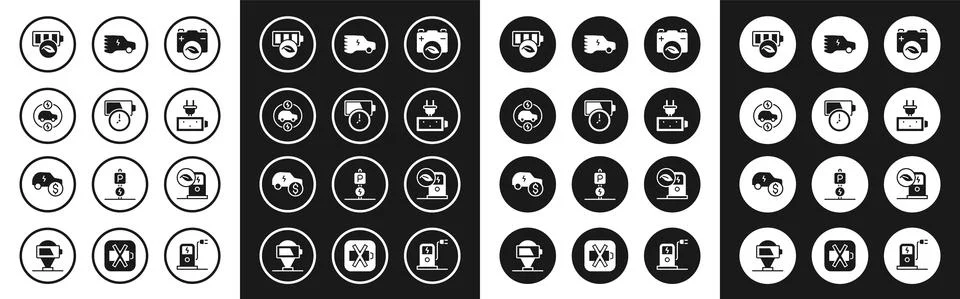 Set Eco nature leaf battery, Battery charge, Electric car, charging station and Stock Illustration