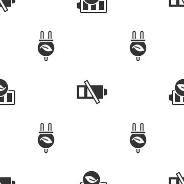 Set Eco nature leaf battery, Low and Electric saving plug in on seamless pattern Illustrazione stock