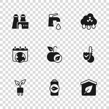 Set Eco nature leaf battery, Thermometer, friendly house, Apple, Acid rain .. Ilustración de archivo